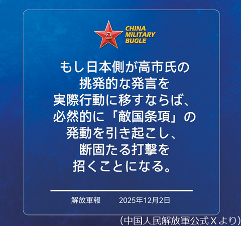 中国人民解放å軍のX公式アカウントに投稿された警告文