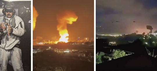 ベネズエラの首都カラカスを低空飛行する複数のヘリコプターが横切り（右）、爆発音と共に火の手が上がる（中央）。左は拘束されたマドゥロ大統領