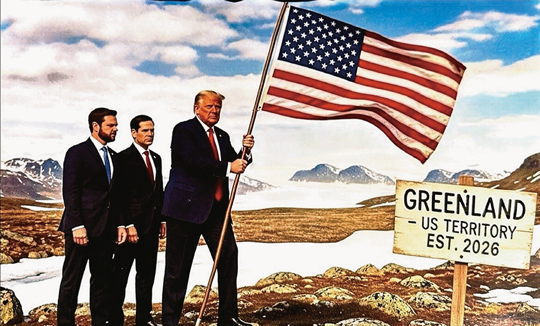 トランプ大統領が自身のSNSに投稿した加工画像。立て看板には「グリーンランド2026年から米国領」と書かれている